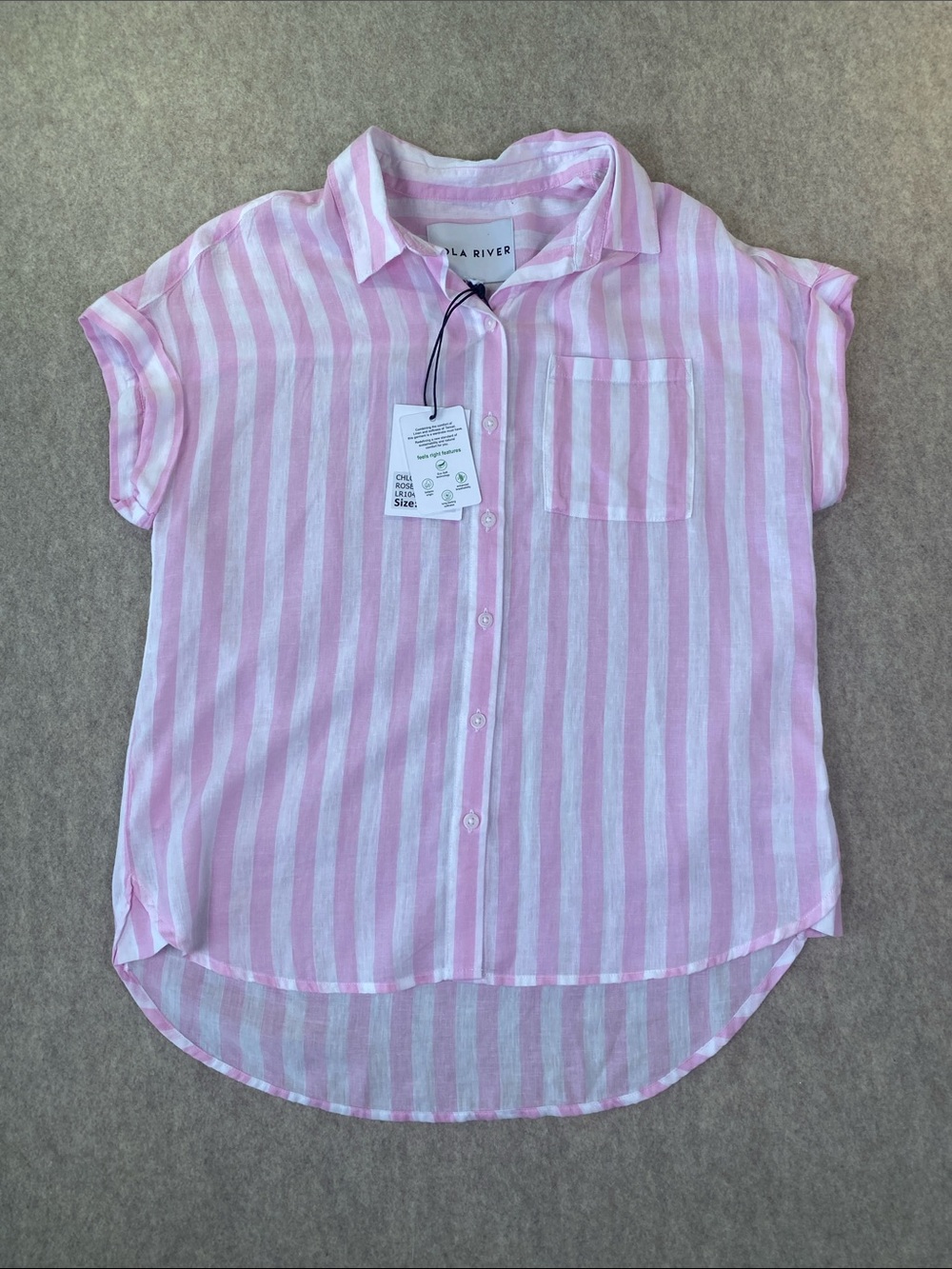 Lola River Chloe Pink White Stripe Tencel Linen Button Down Shirt NWT S